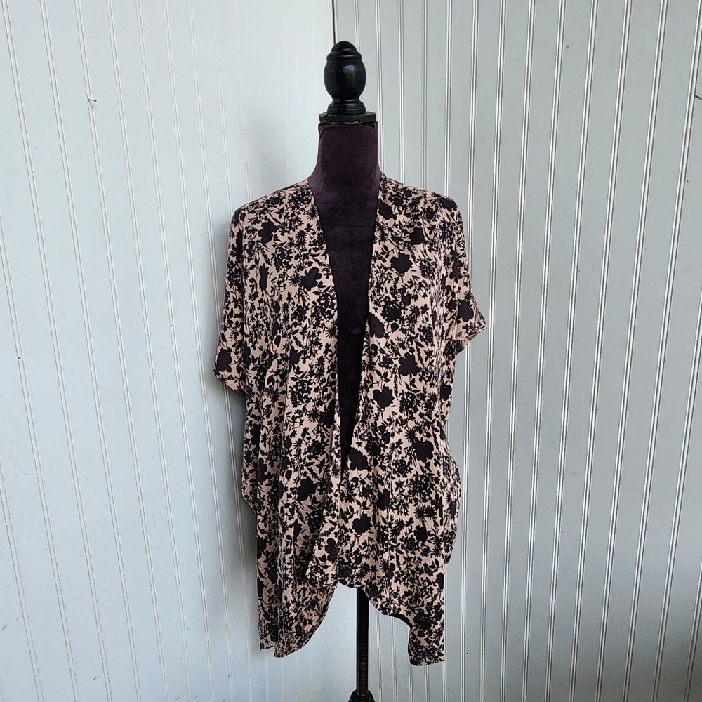 LOFT Wlmens Floral Kimono Top Boho Beach Shirt Open Front Blush Pink Black XS/ S